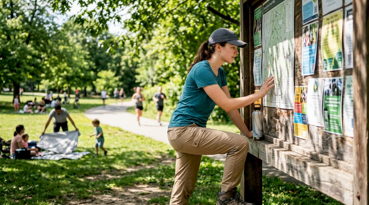 Woman planning local outdoor activities at park kiosk