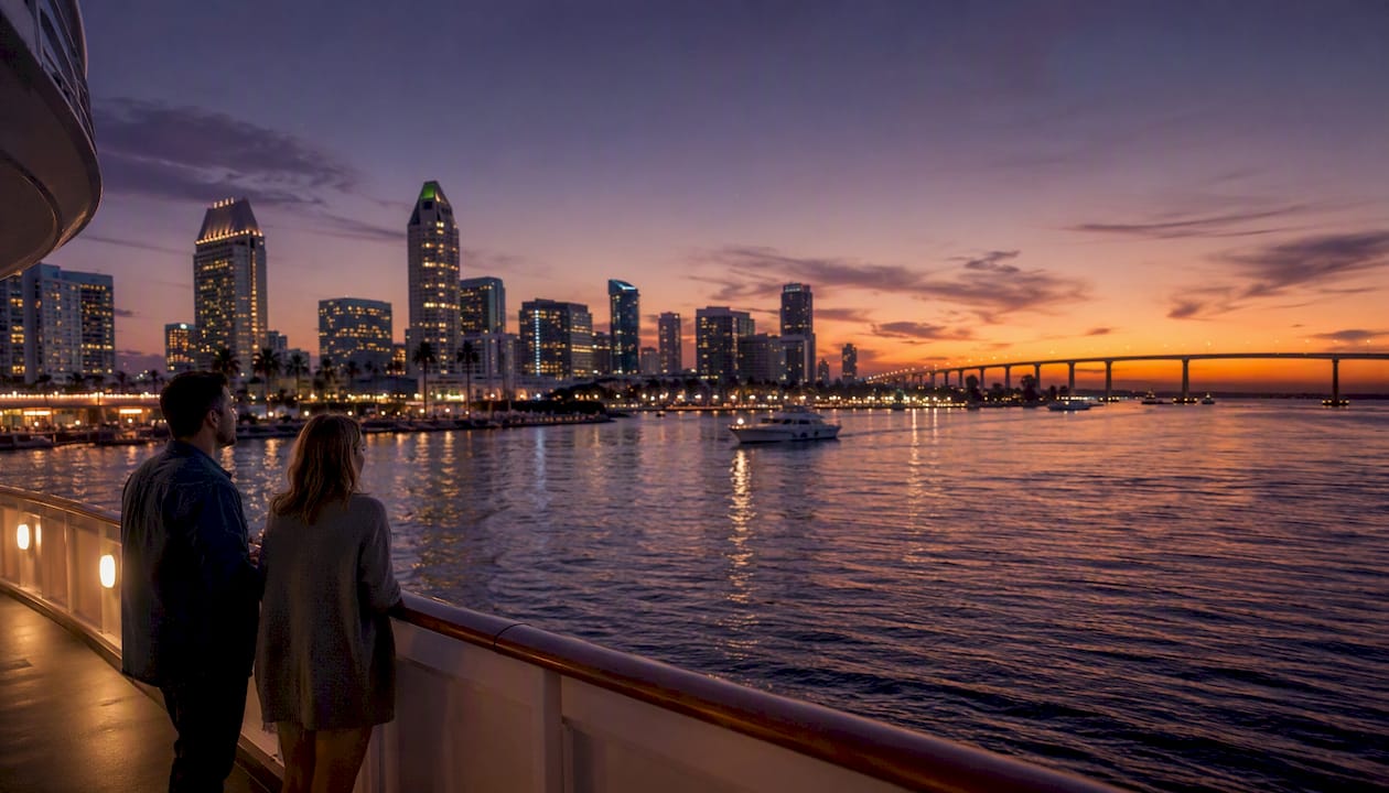 Boat departing sunset harbor cruise with city skyline