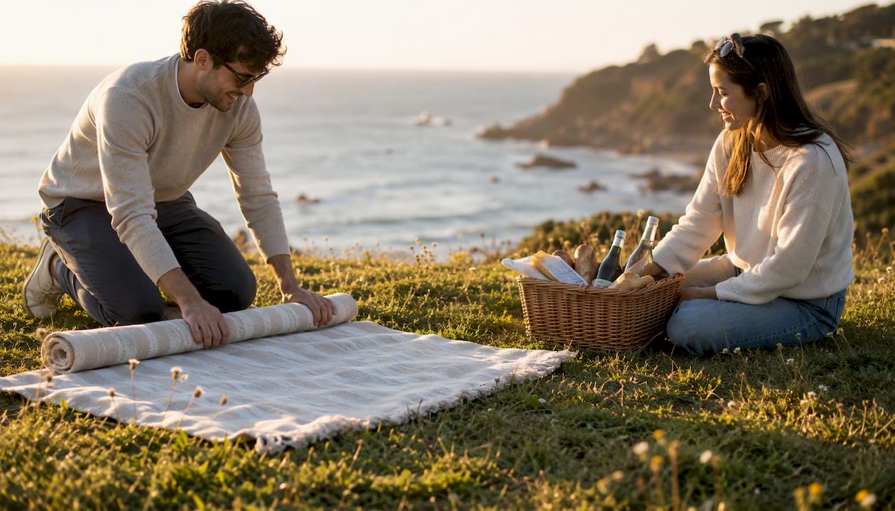 Picnic setting in Balboa Park with garden background