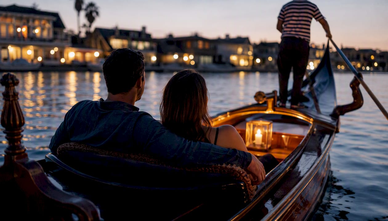 Candlelit gondola on calm water at sunset