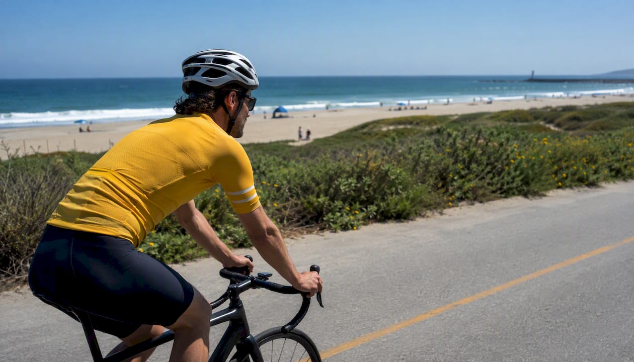 Cyclist on LA coastal bike path morning