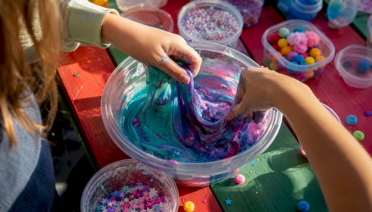 Hands mixing colorful slime at DIY bar