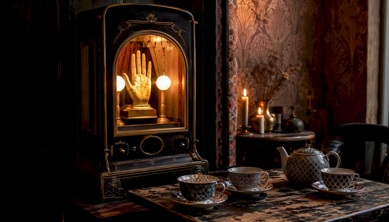 Fortune-telling machine and tea set in speakeasy