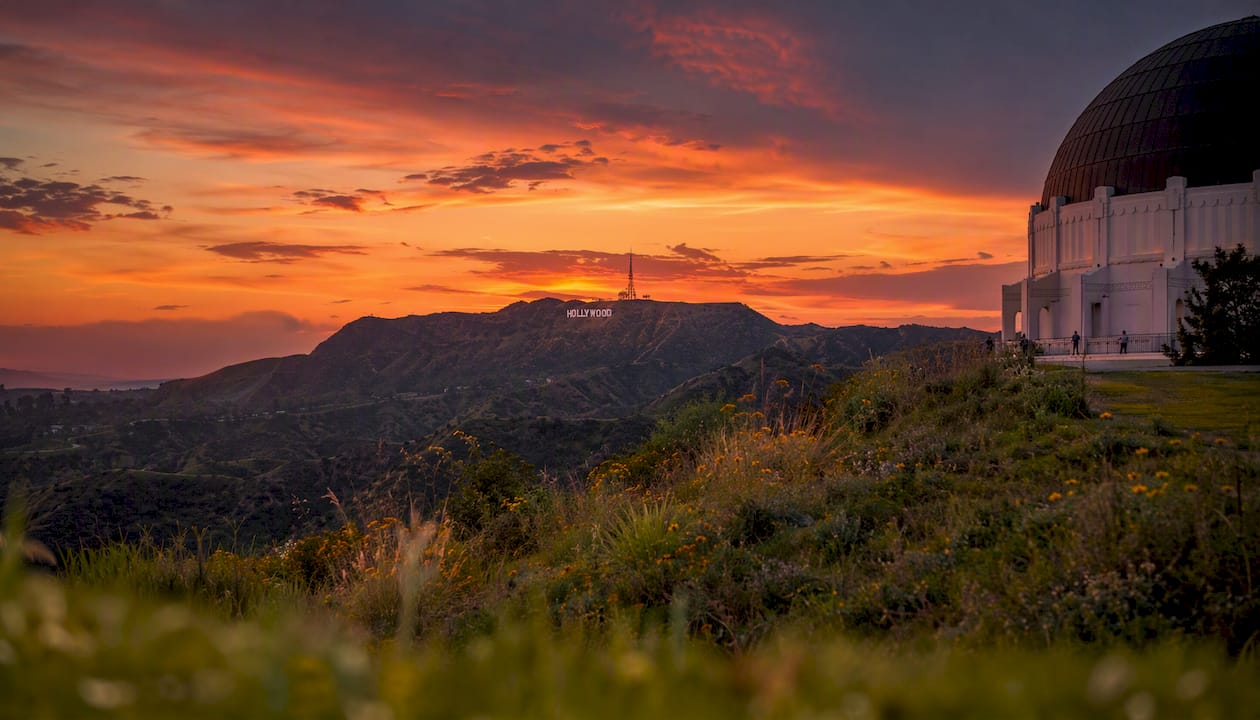 Hollywood Sign seen from Griffith Observatory at sunrise