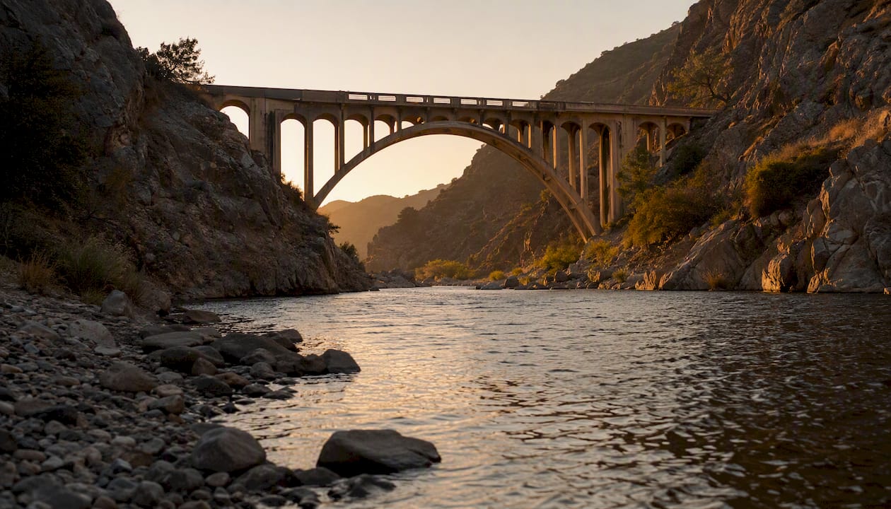 Bridge to Nowhere concrete arch over river canyon