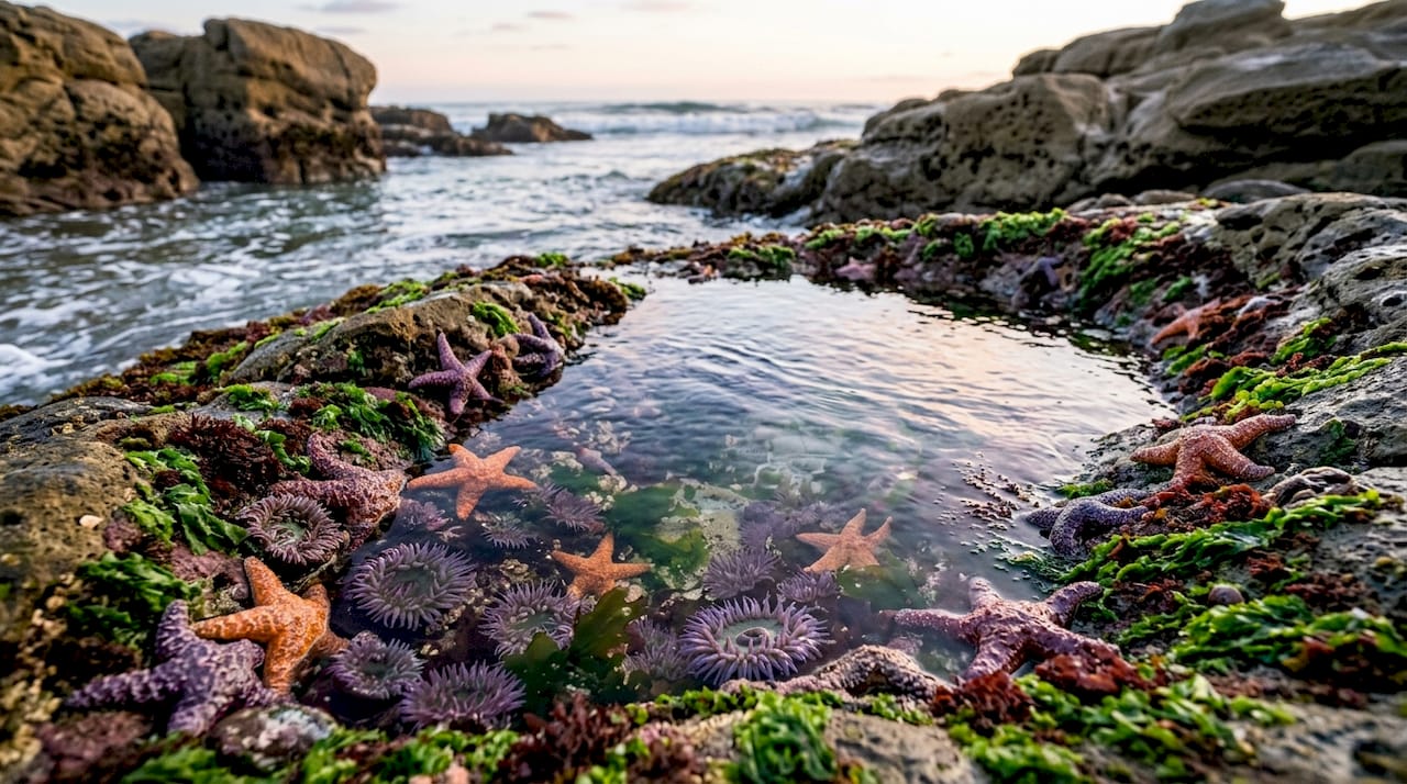 Colorful tide pools on remote San Diego beach