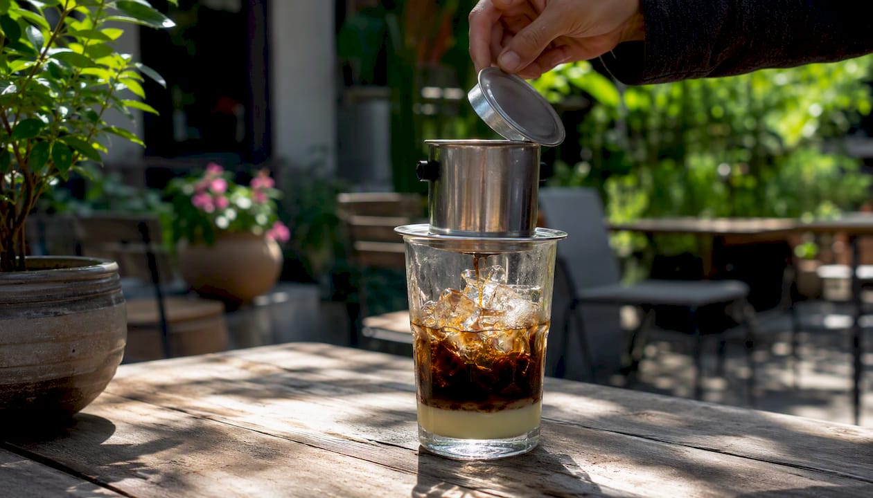 Vietnamese iced coffee brewing with metal phin filter