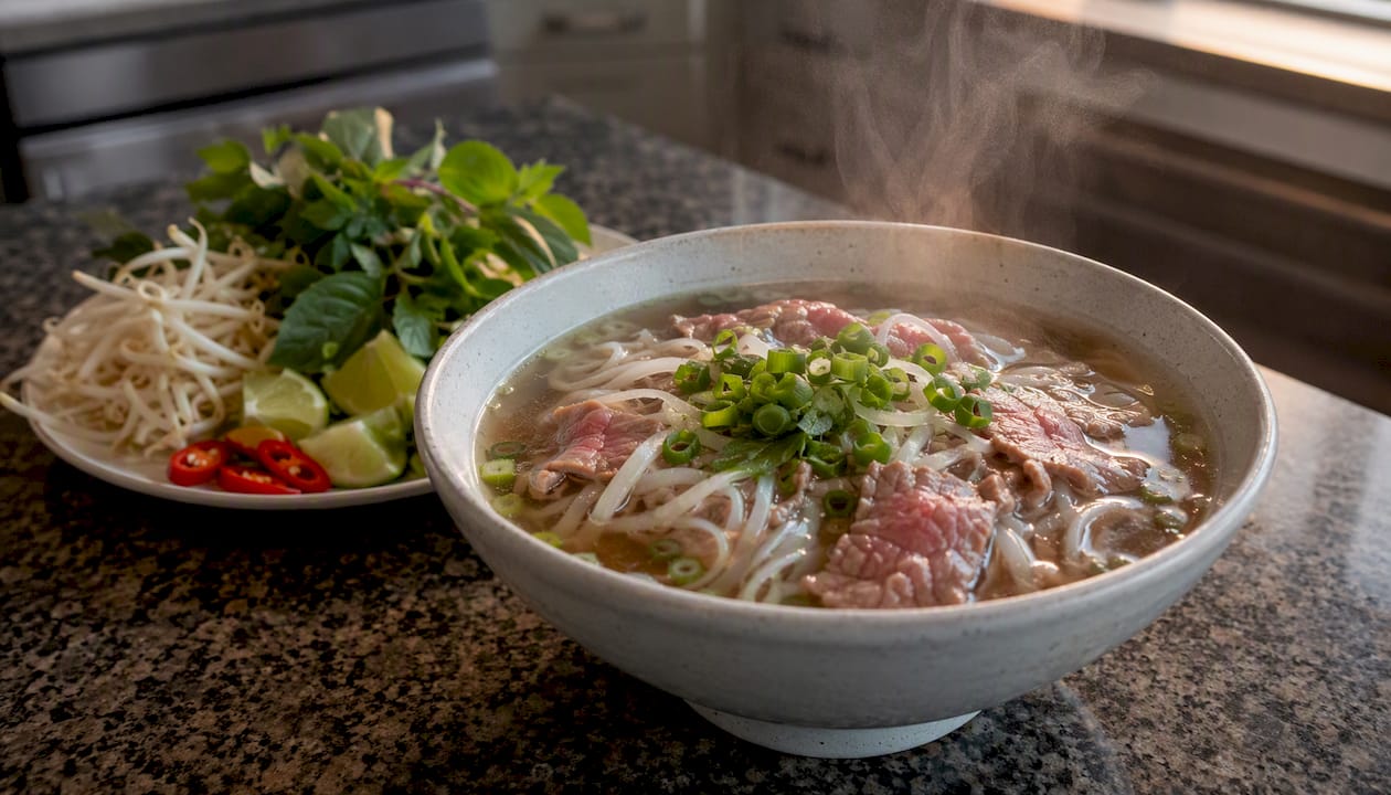 Steaming bowl of pho with fresh herbs and beef