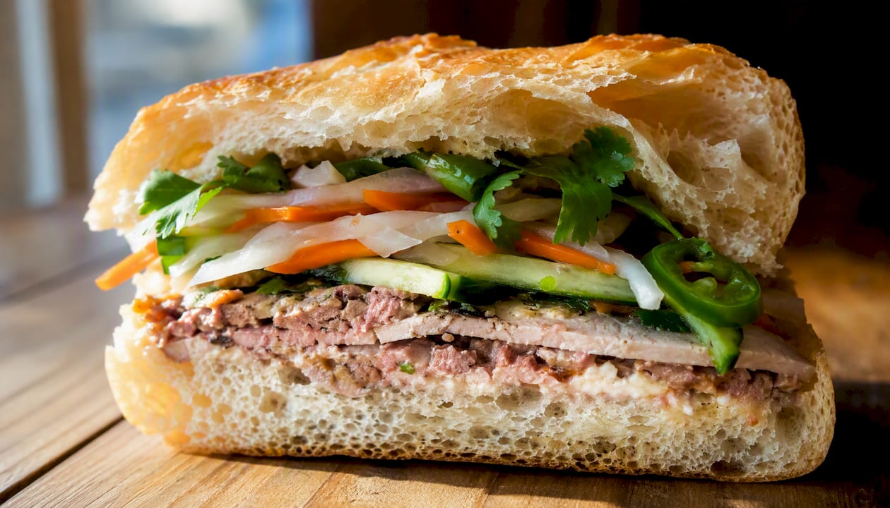 Cross-section of bánh mì sandwich showing layers