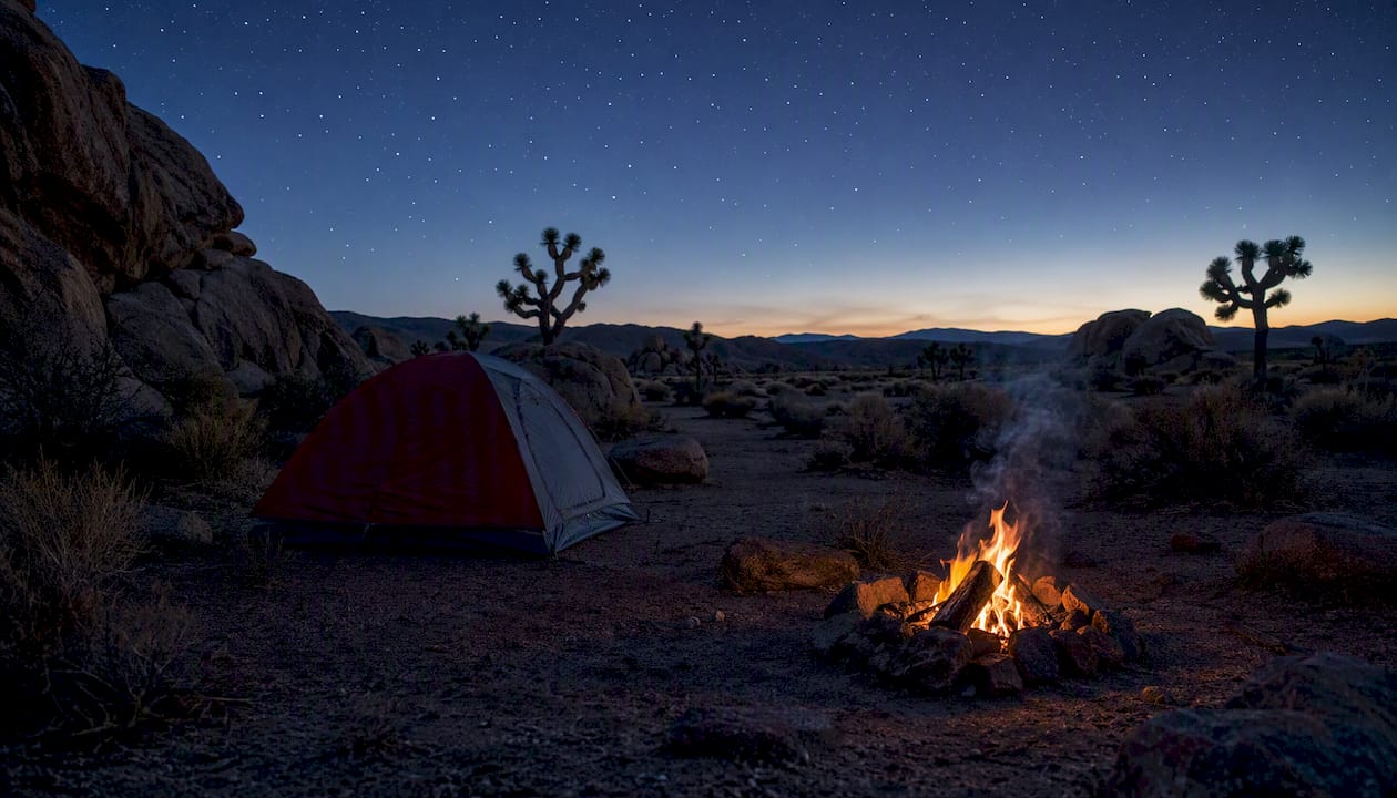 Joshua Tree national park campsite with campfire at dusk