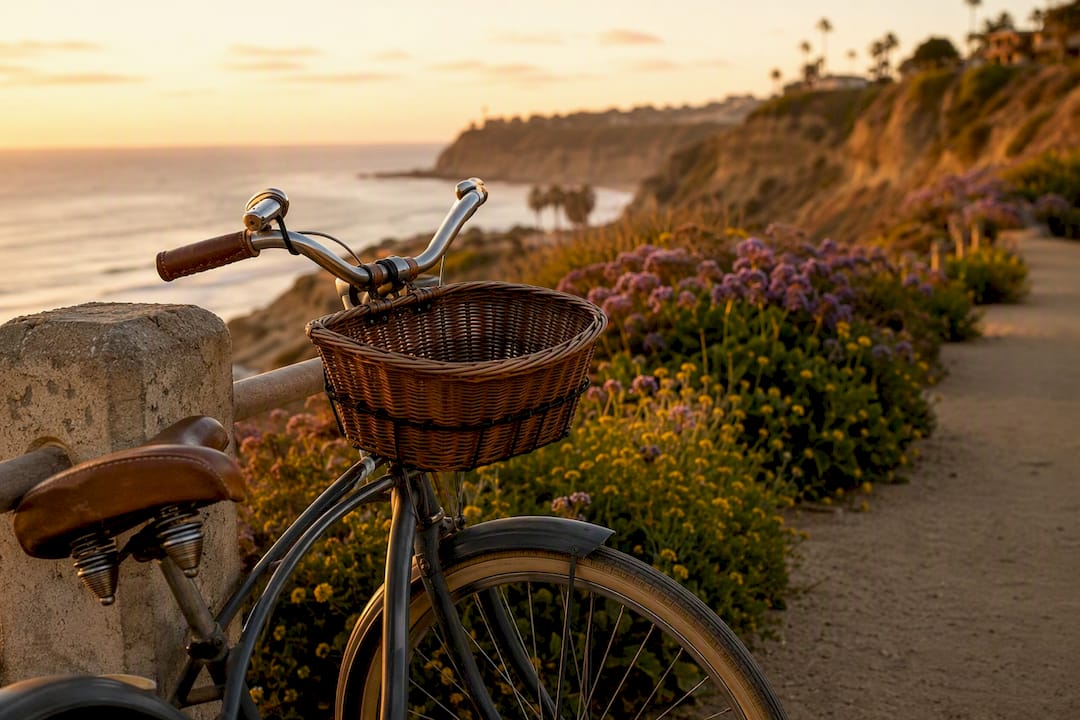 Cruiser bike parked along San Diego coastal bike path