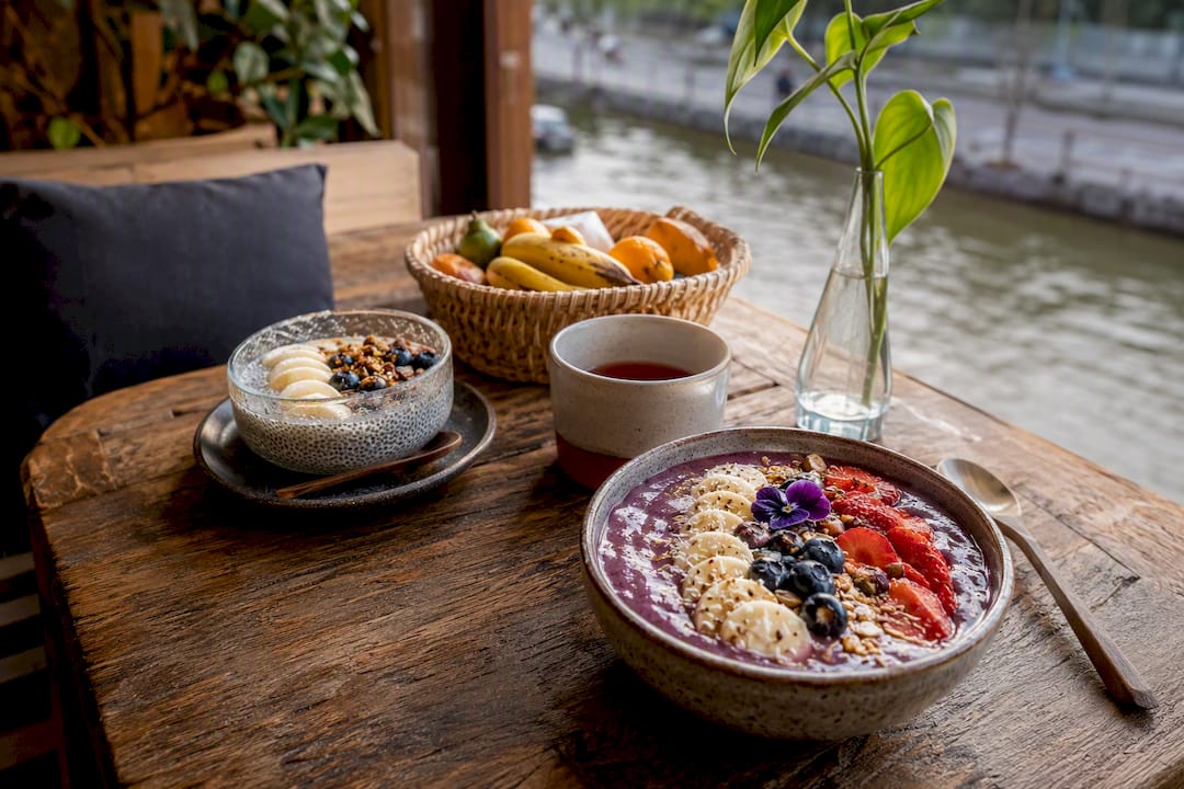 Brunch plate at vegan cafe table