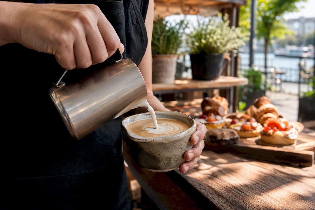 Pouring plant-based latte in cafe