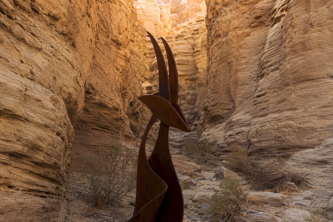Slot canyon and metal sculpture in Anza-Borrego Desert