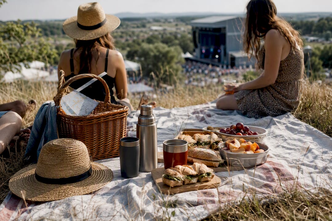 Picnic setup with food and drinks at outdoor concert
