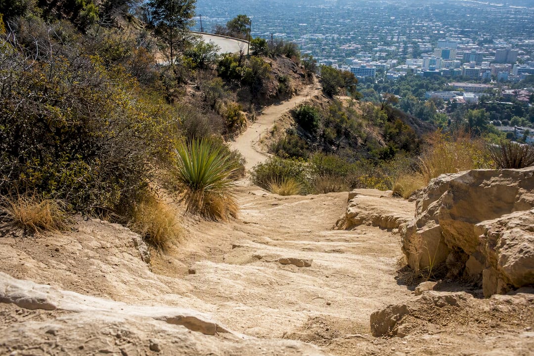 Steep sunny switchback trail at Runyon Canyon