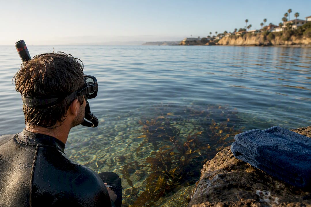 Snorkeler checking calm morning water