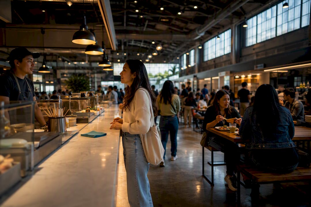 Diners ordering food inside Los Angeles food hall