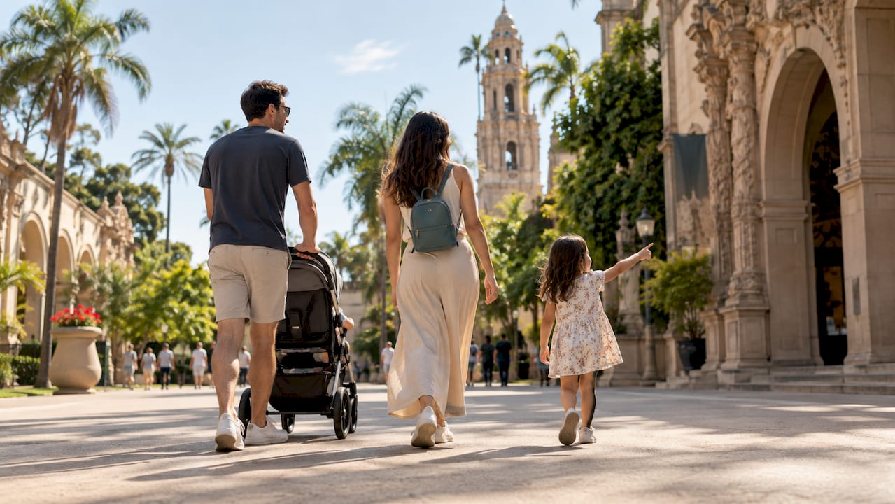 Family exploring Balboa Park plaza