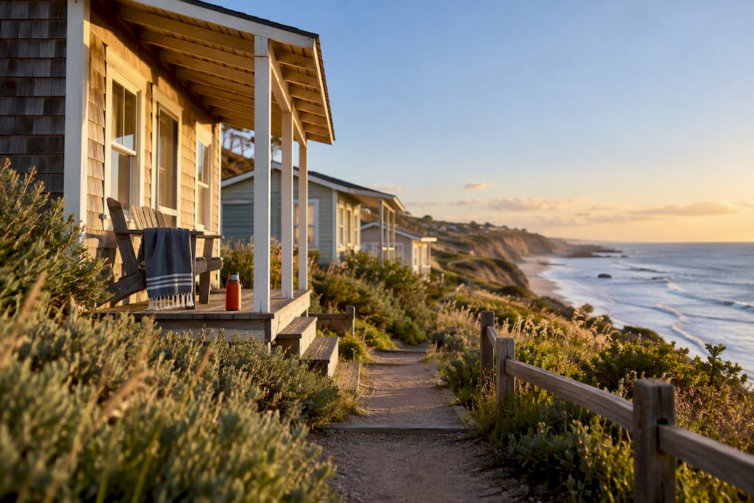 Historic cottages above Crystal Cove coastline