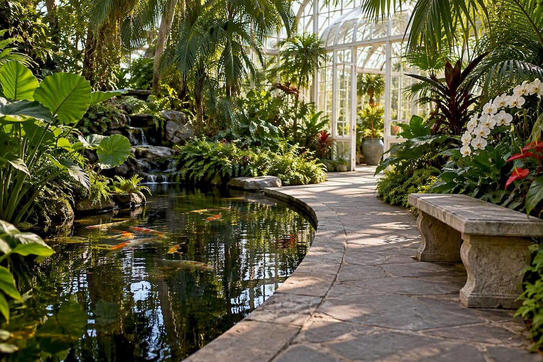 Koi pond and tropical conservatory garden
