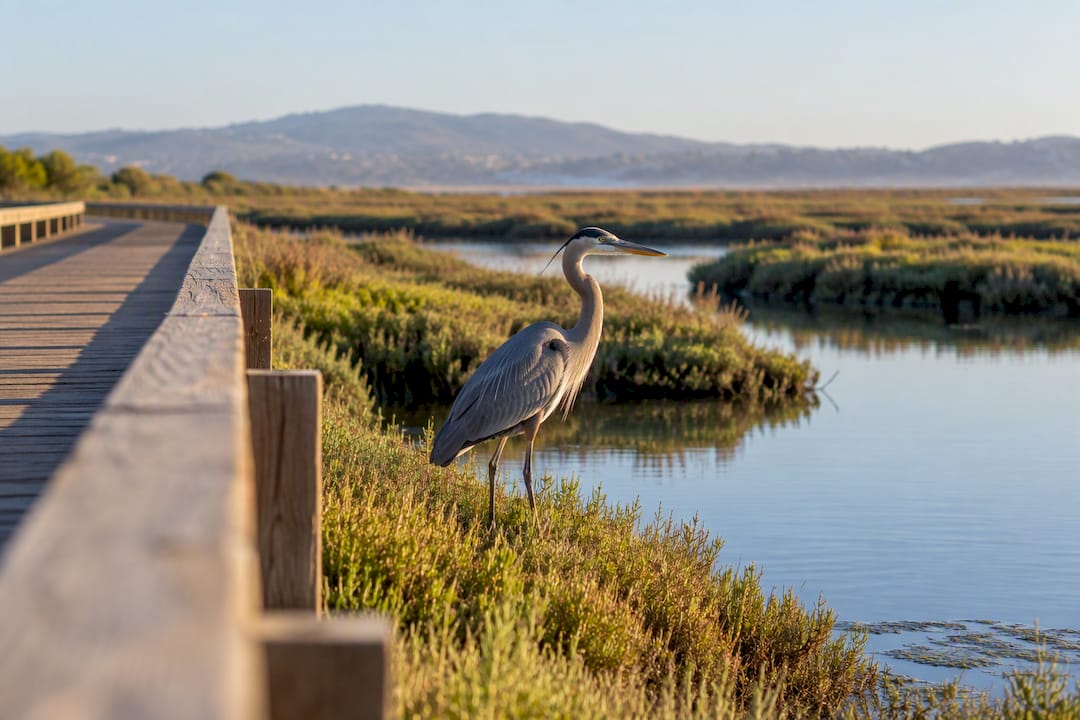 Heron beside Bolsa Chica wetlands boardwalk
