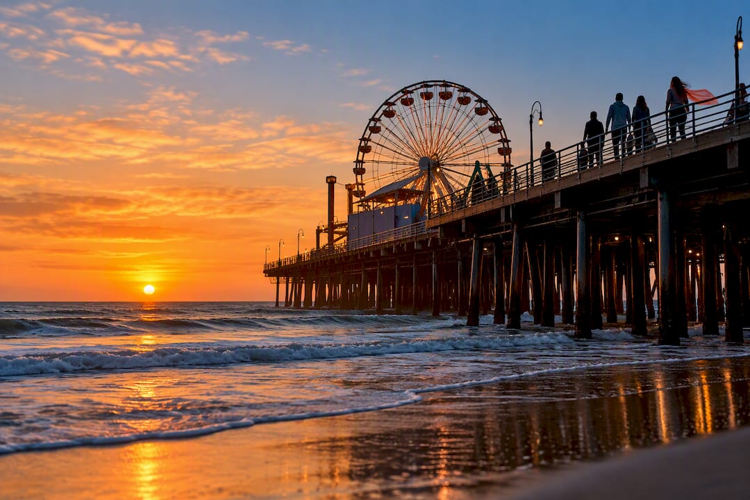 Santa Monica Pier silhouetted at sunset