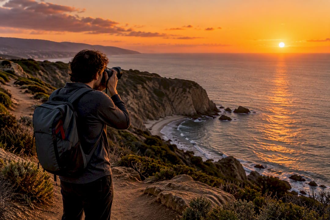 Point Dume bluff overlooking sunset ocean