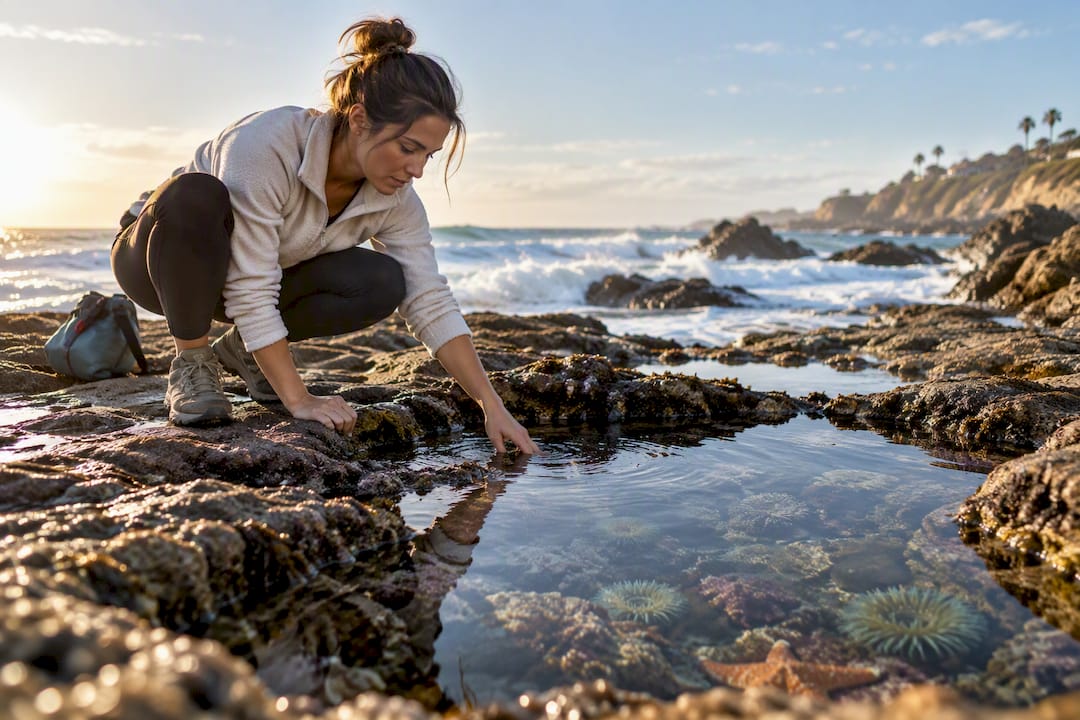 Visitor examining Laguna Beach tide pool