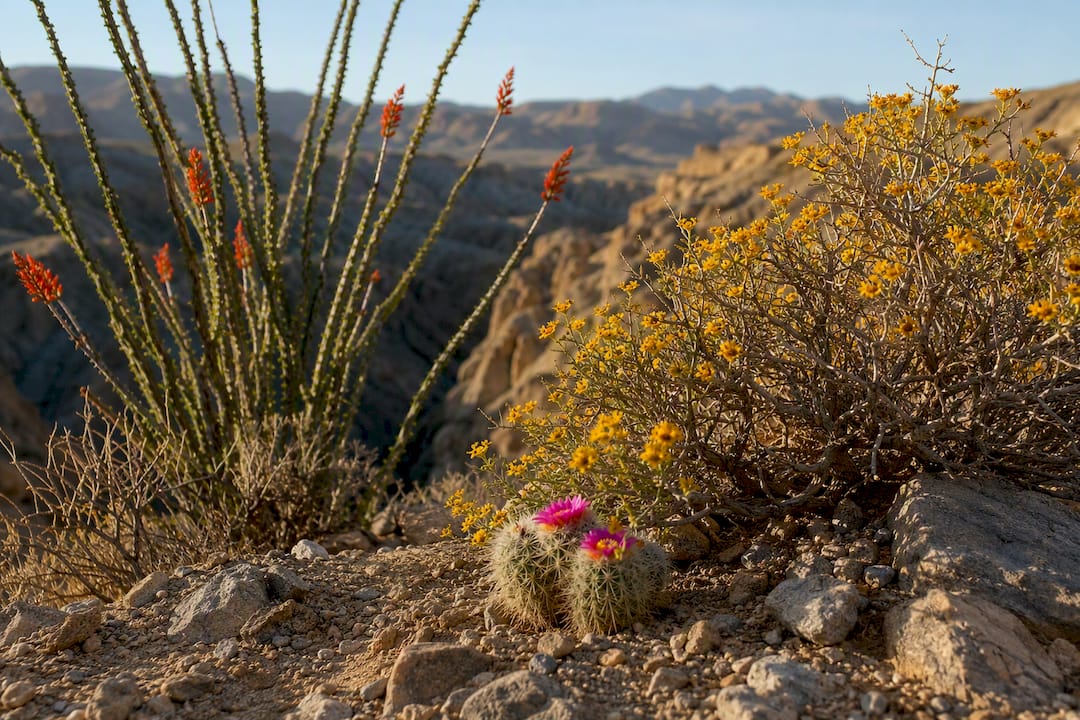 Brittlebush ocotillo and cactus near canyon