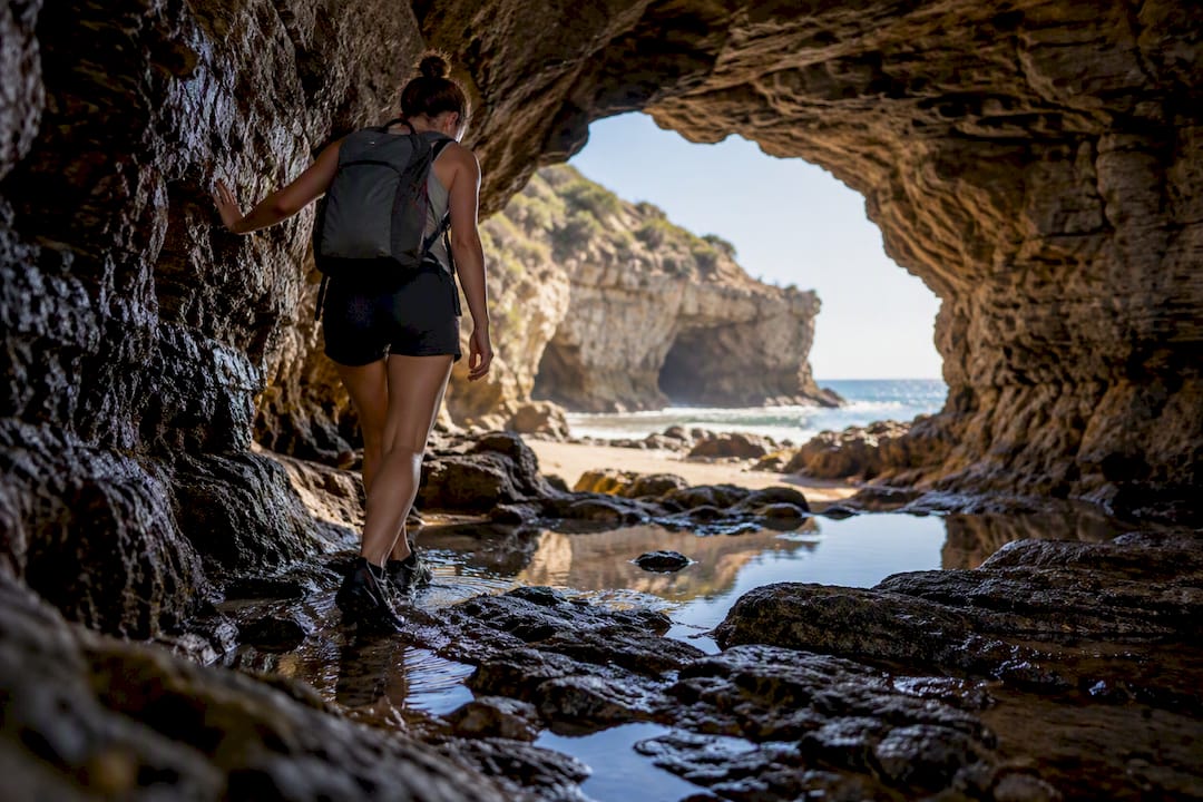 Visitor walking through Table Rock sea cave