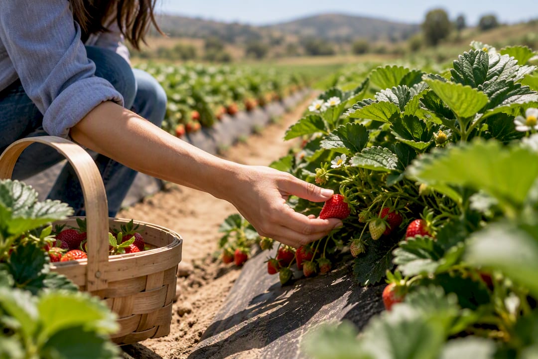 Visitor picking strawberries at Tanaka Farms