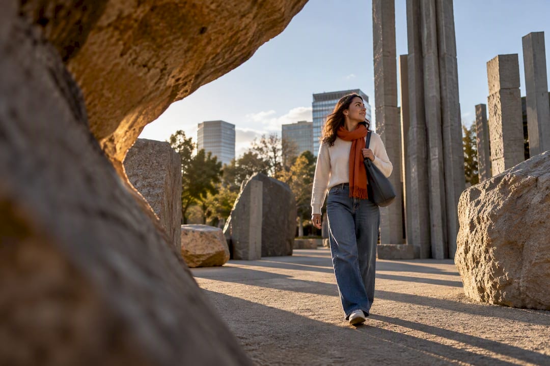 Visitor exploring California Scenario sculpture garden