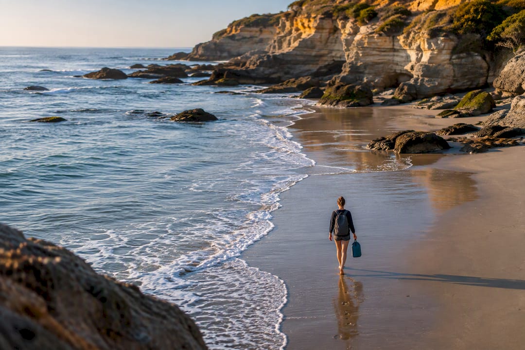 Lone walker on secluded Southern California cove