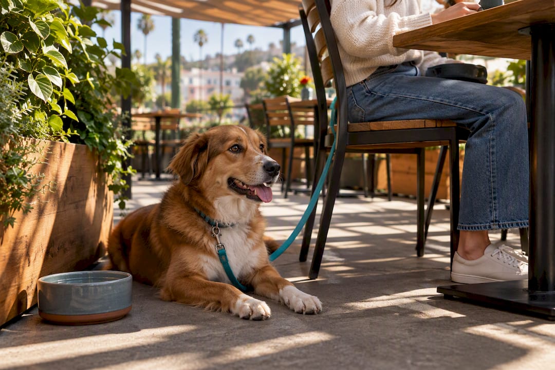 Dog relaxing beneath a Los Angeles patio table