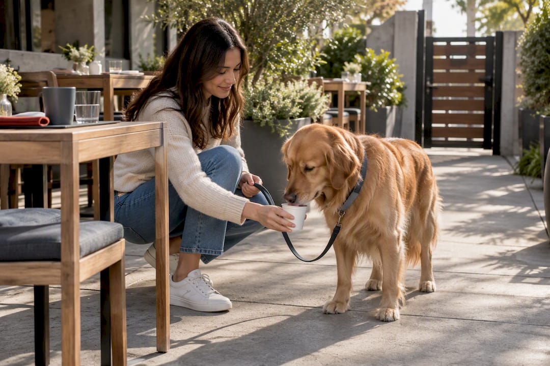 Leashed dog on restaurant patio floor