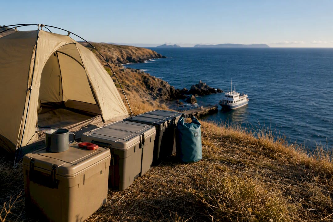 Tent and gear above Channel Islands coastline