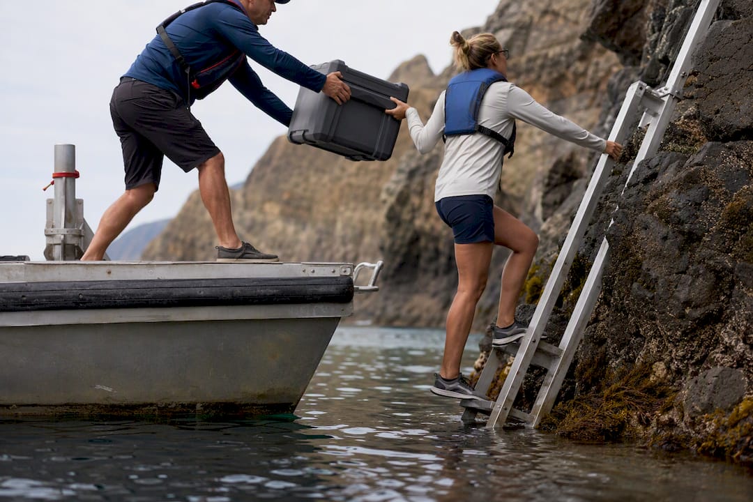 Crew transfers camping container during boat landing