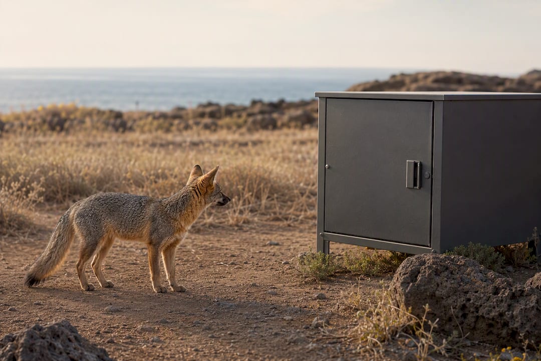 Island fox near closed campground food locker