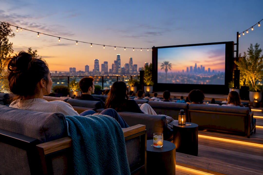 Rooftop movie screening above Los Angeles