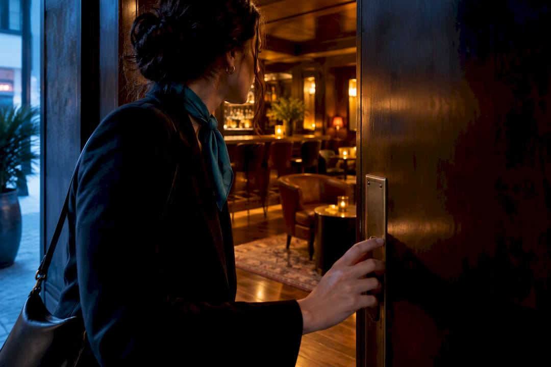Guest opening a hidden speakeasy door