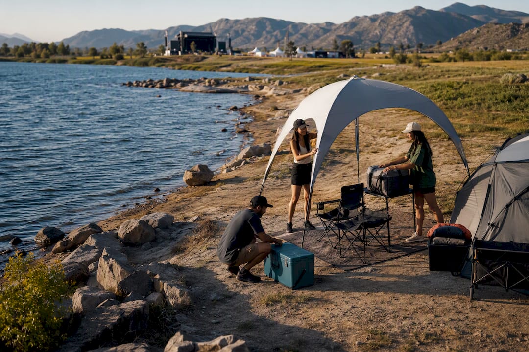Festival campers beside a lakeside campsite