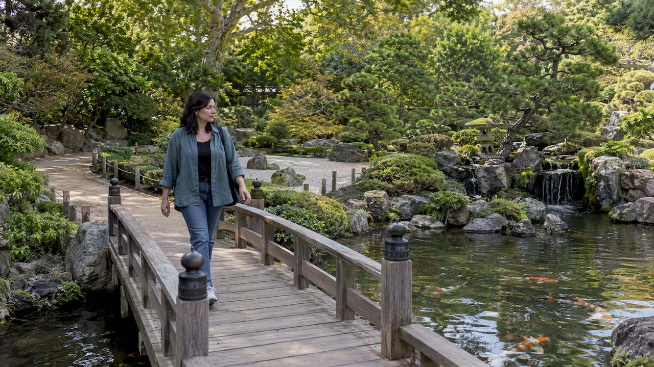 Visitor crossing bridge in Japanese garden