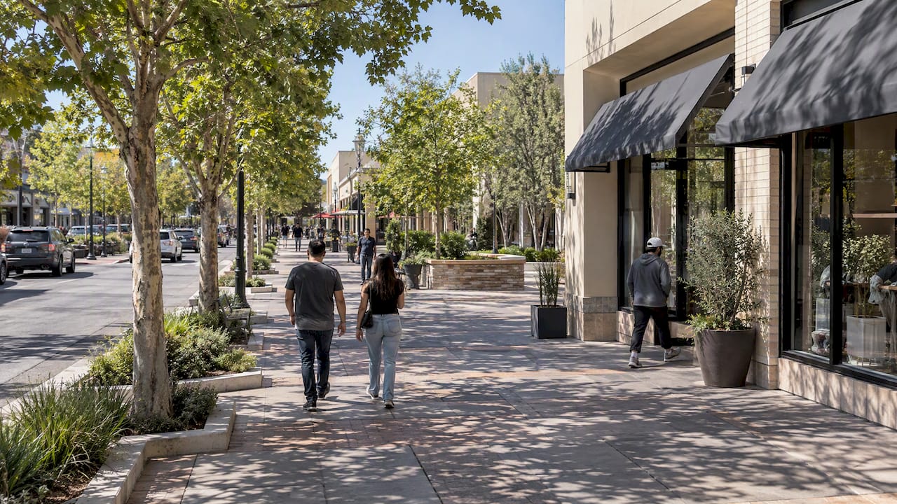 Lancaster Boulevard plaza and local storefronts