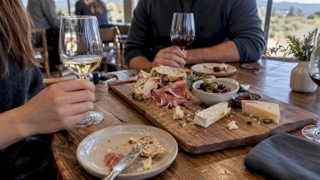 Cheese and charcuterie beside wine glasses
